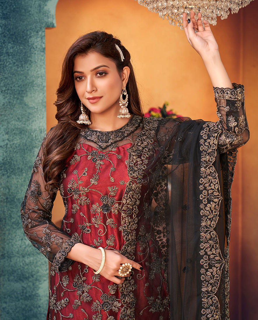 Red Black Trendy Designer Net Pakistani Salwar Kameez