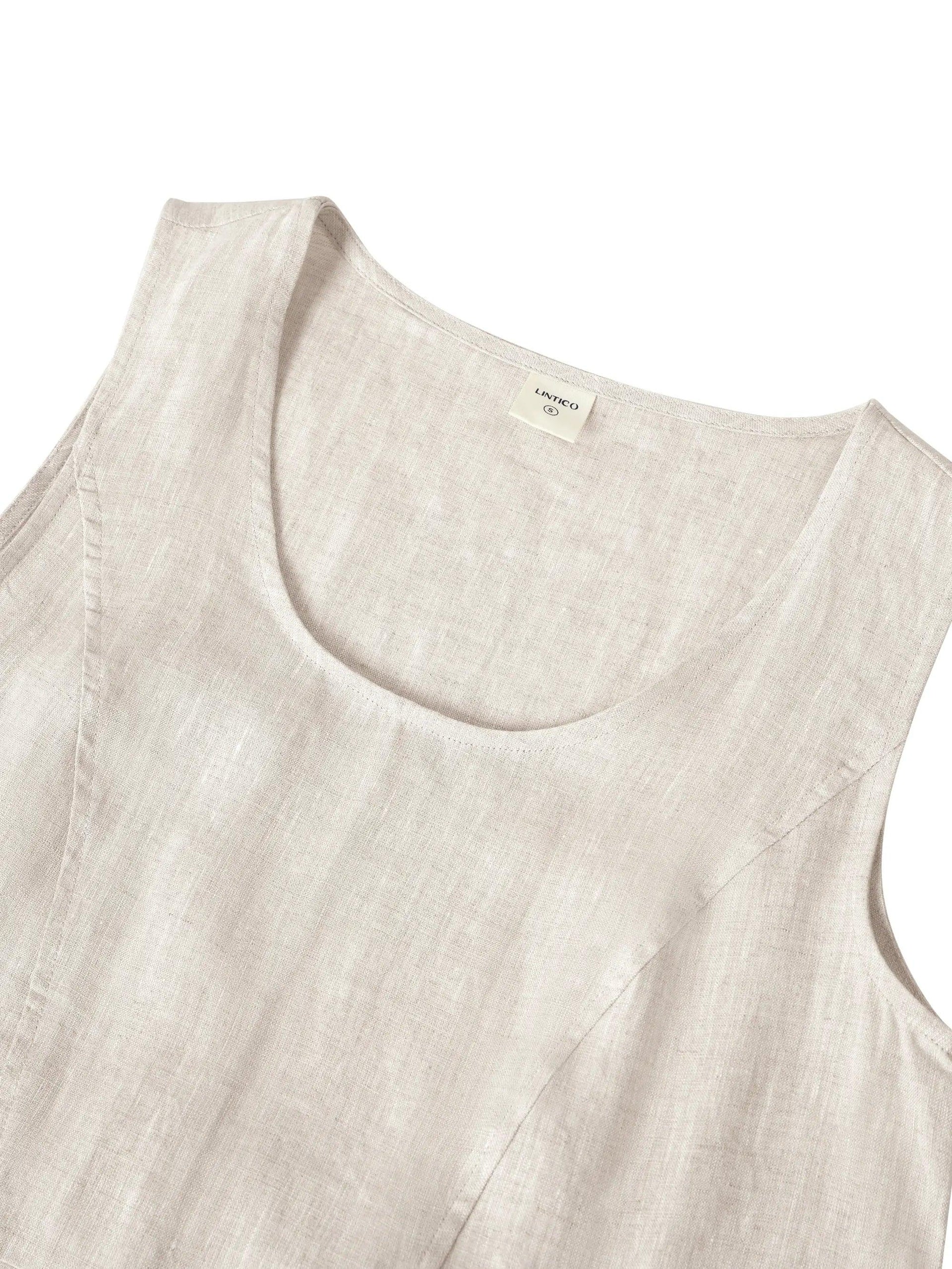 100% Linen Scoop Neck Swing Beach Maxi Dress - Sleeveless