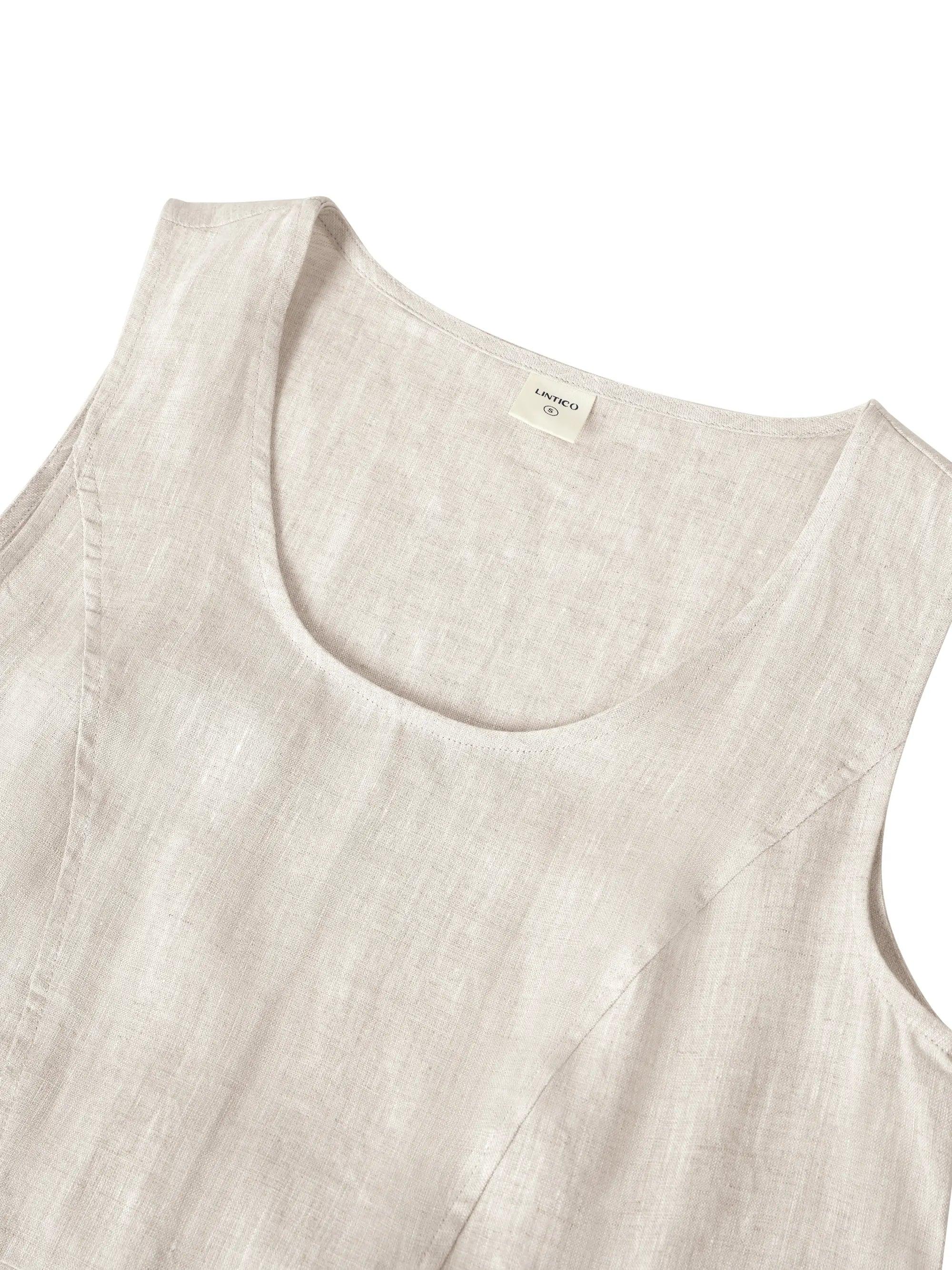 100% Linen Scoop Neck Swing Beach Maxi Dress - Sleeveless