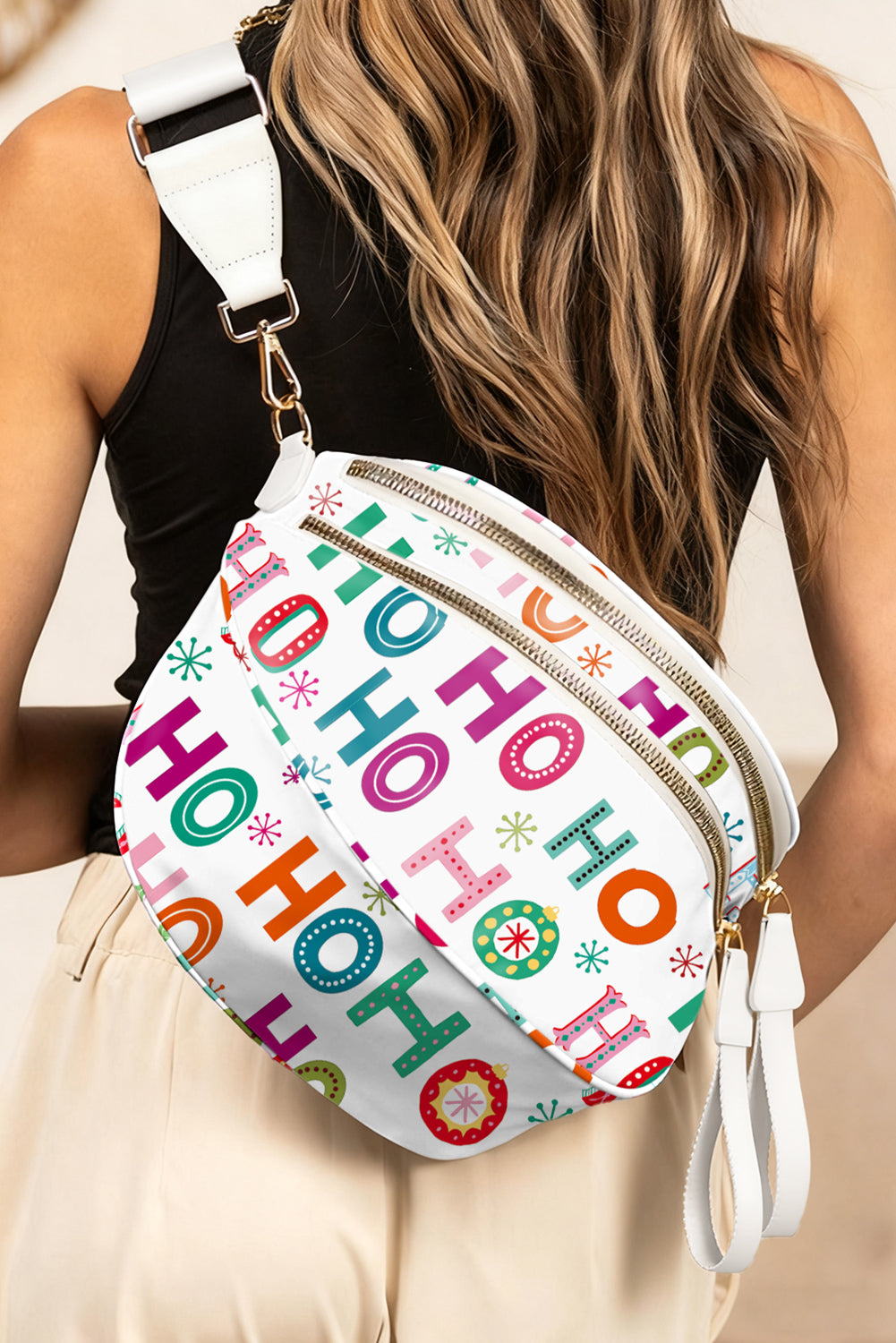 White HO HO HO Print Double Zip Crossbody Bag