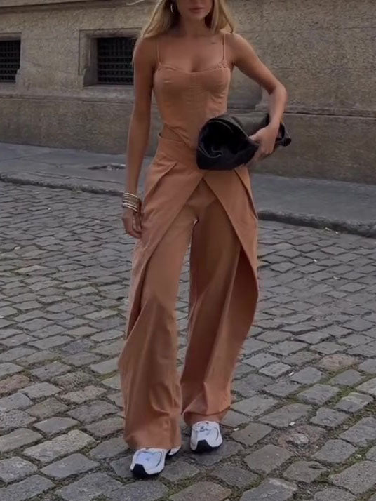 Spaghetti Strap Corset Top and Wide-Leg Pants Set in Camel - Image 3