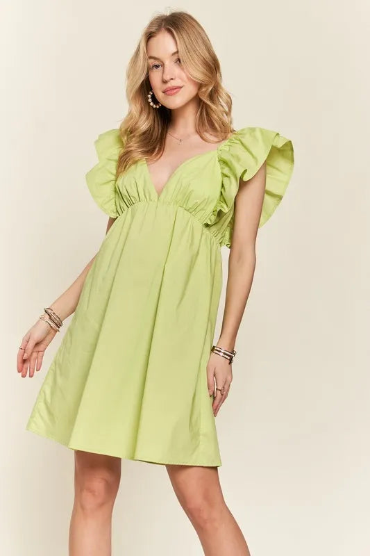 Lime Green Smocked Back Ruffled Cap Sleeve Babydoll Mini Dress
