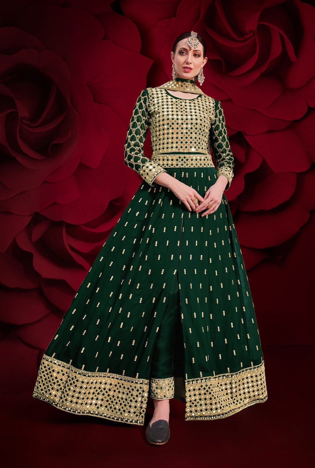 Dark Green Georgette Anarkali Salwar Suit for Festivals