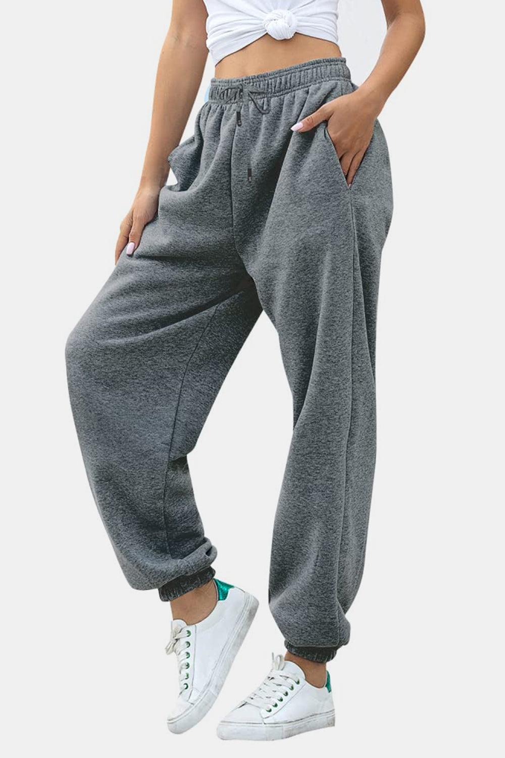 Women's Black Elastic Waist Jogger Pants with Side Pockets - Image 10