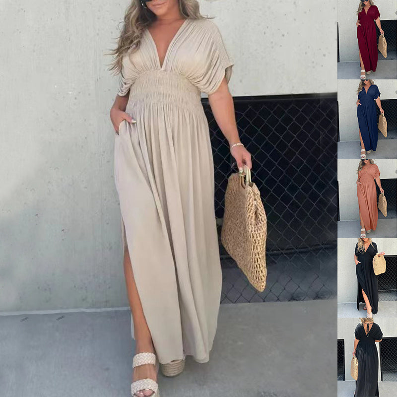 Women's Batwing Sleeve V-Neck Maxi Dress with Slit and Elastic Waist