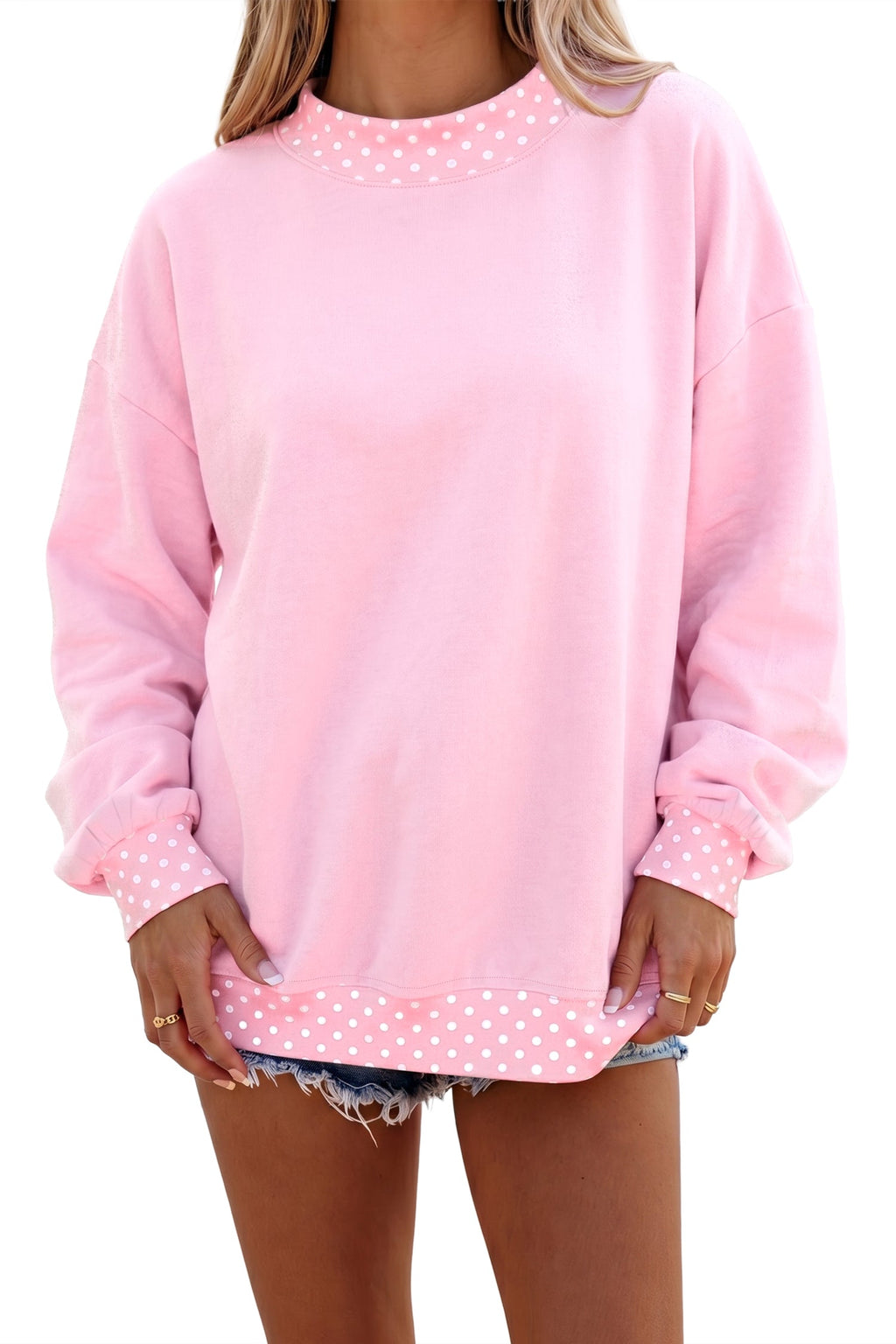 Brown Colorblock Polka Dot Contrast Trim Oversized Sweatshirt