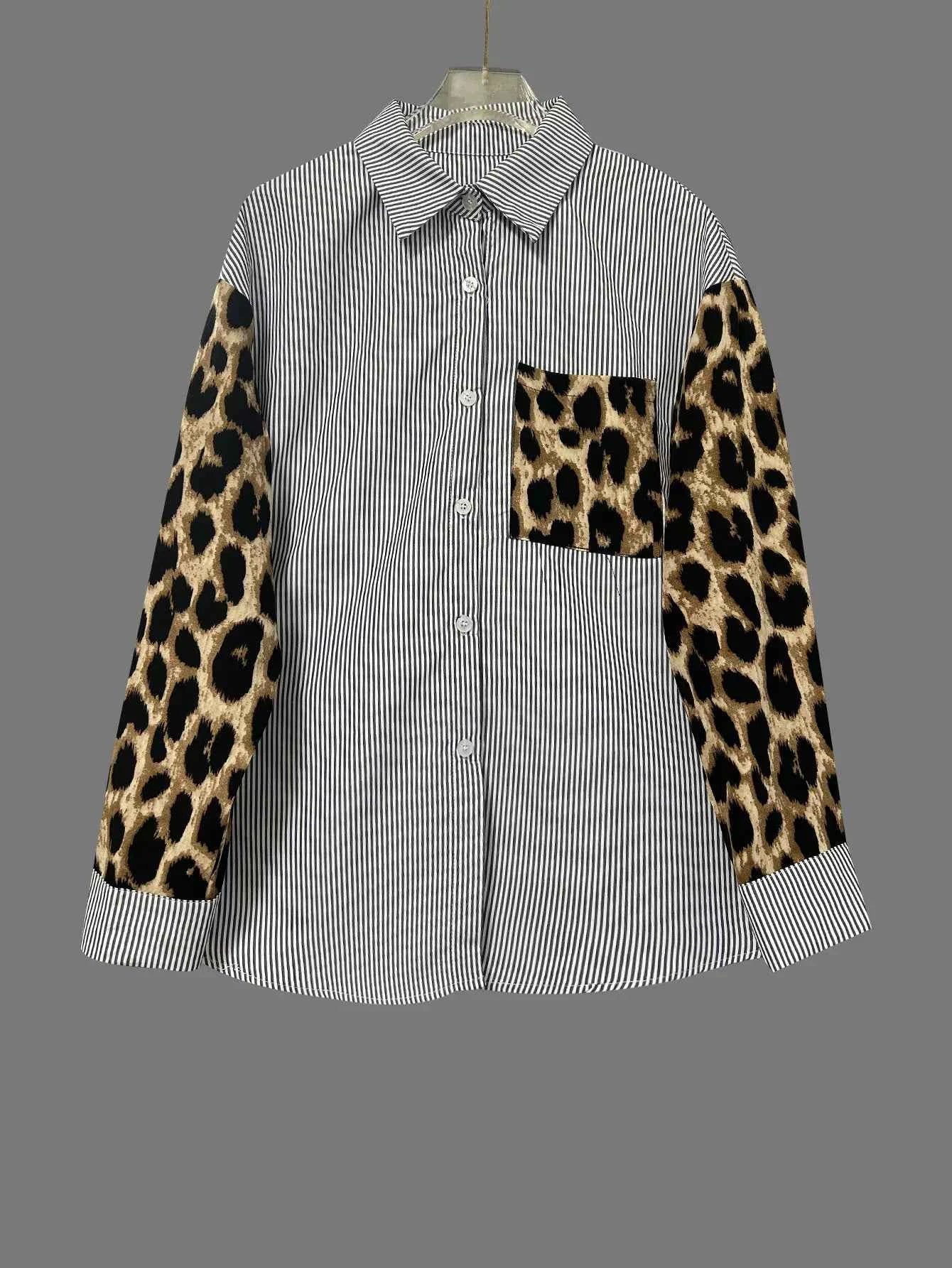 Striped & Leopard Print Button Up Shirt