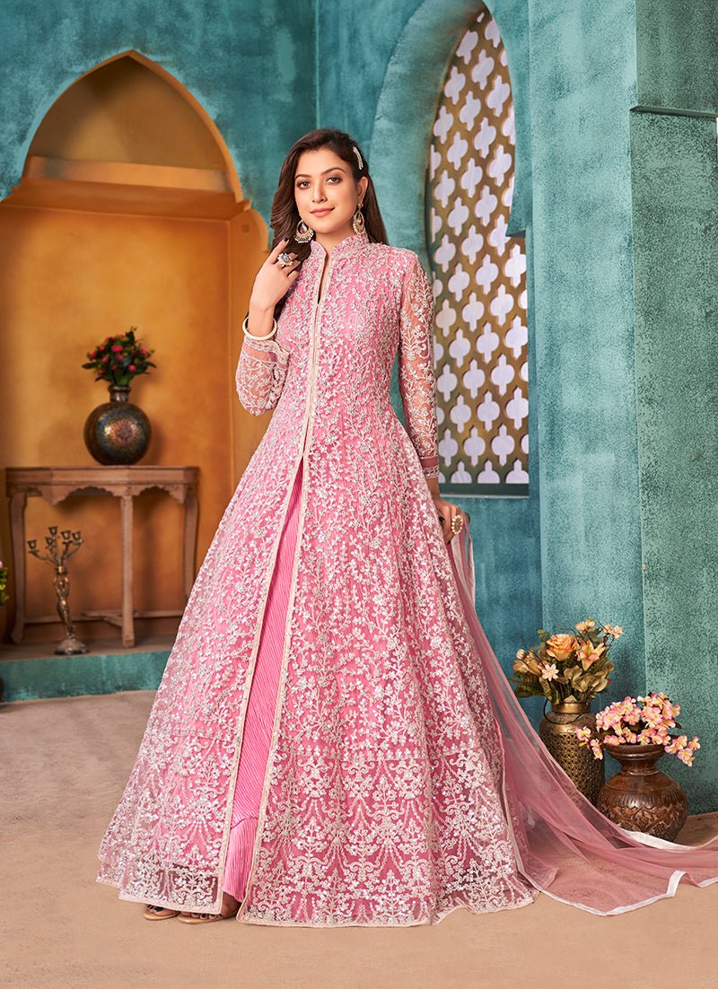 Pink floor-length designer suit with sequins and cord work in net fabric
