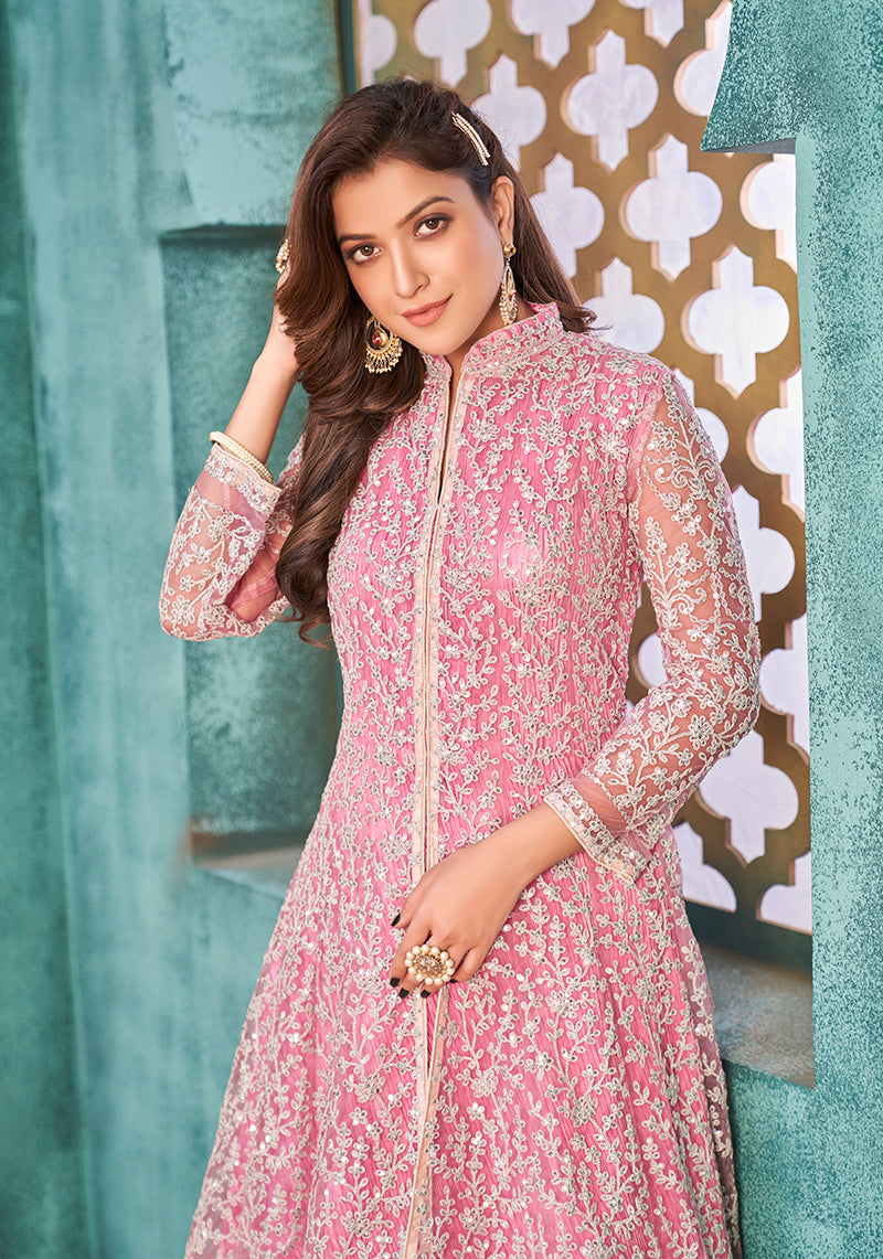 Pink Net Designer Floor Length Suit with Sequins Work