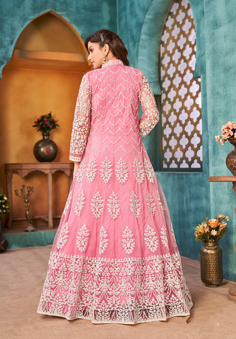 Pink Net Designer Floor Length Suit with Sequins Work