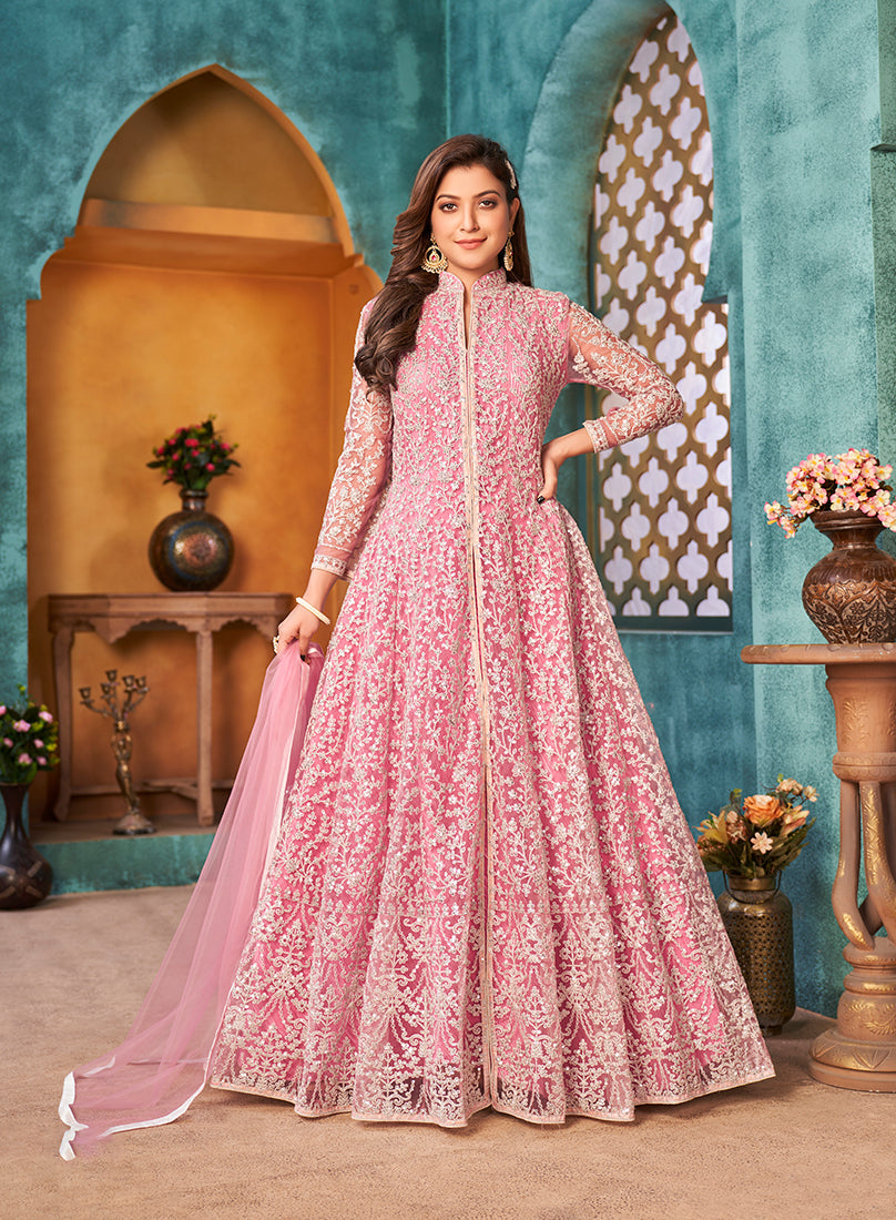 Pink Net Designer Floor Length Suit with Sequins Work