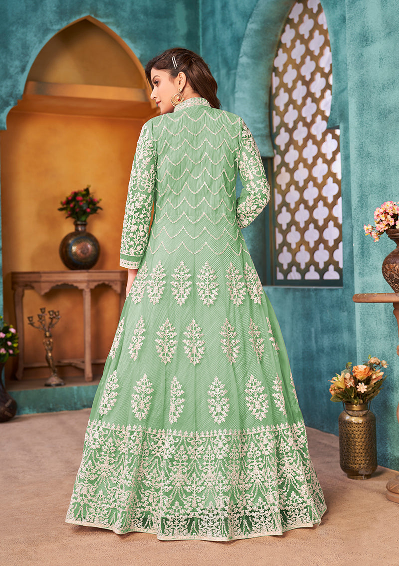 Sea Green Designer Floor Length Net Suit