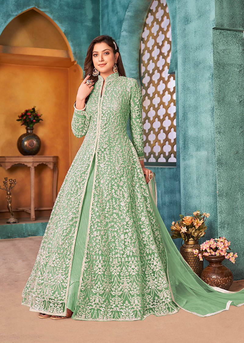 Sea Green Designer Floor Length Net Suit