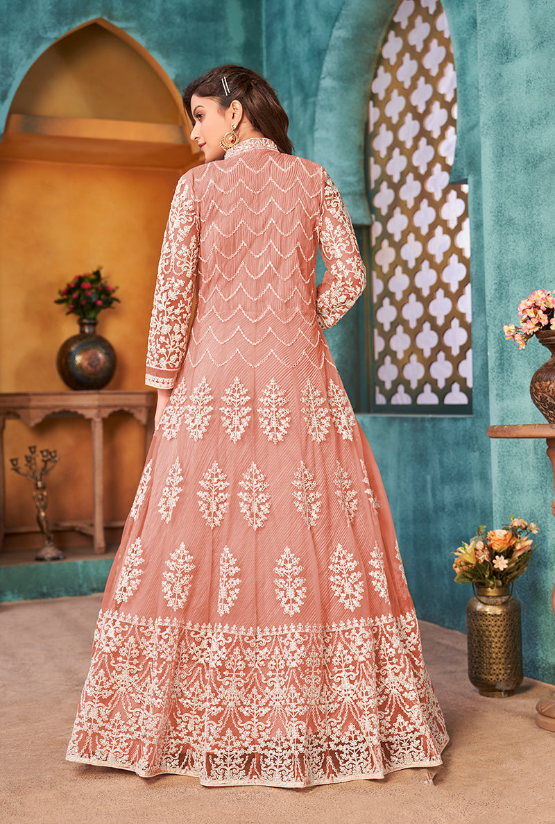 Monjolika Fashion Peach Color Net Designer Floor Length Suit