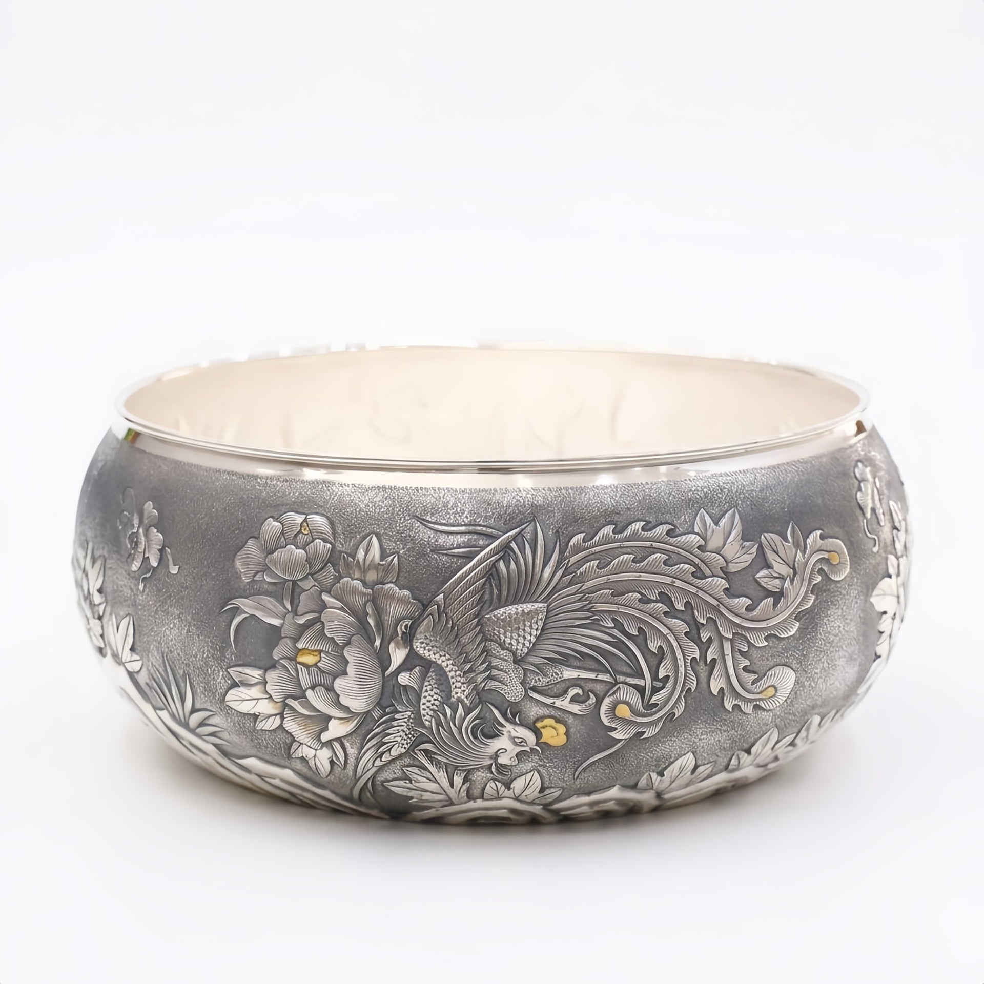 Hand-Engraved 999 Fine Silver Bowl Phoenix & Peony Motif Decor