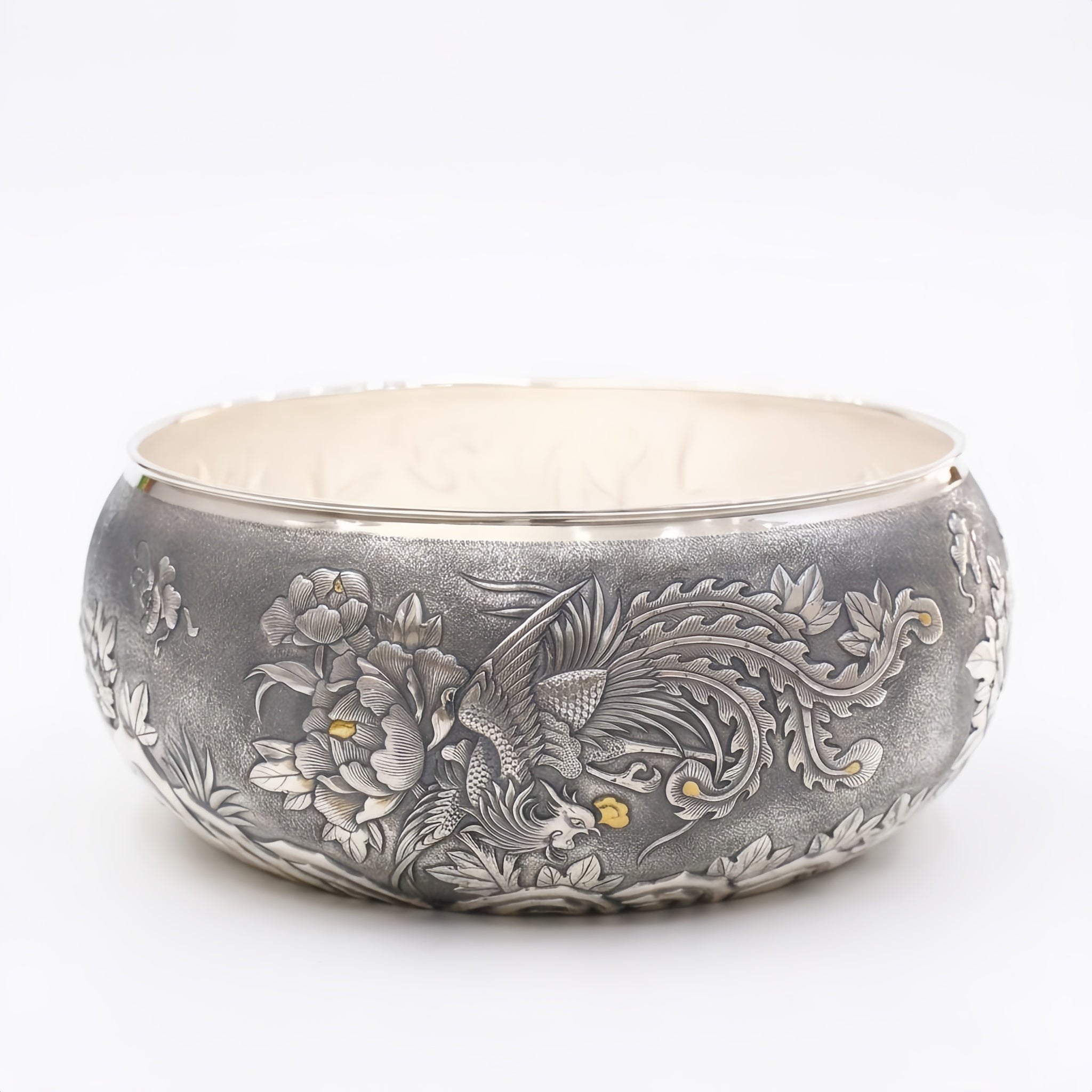 Hand-Engraved 999 Fine Silver Bowl Phoenix & Peony Motif Decor