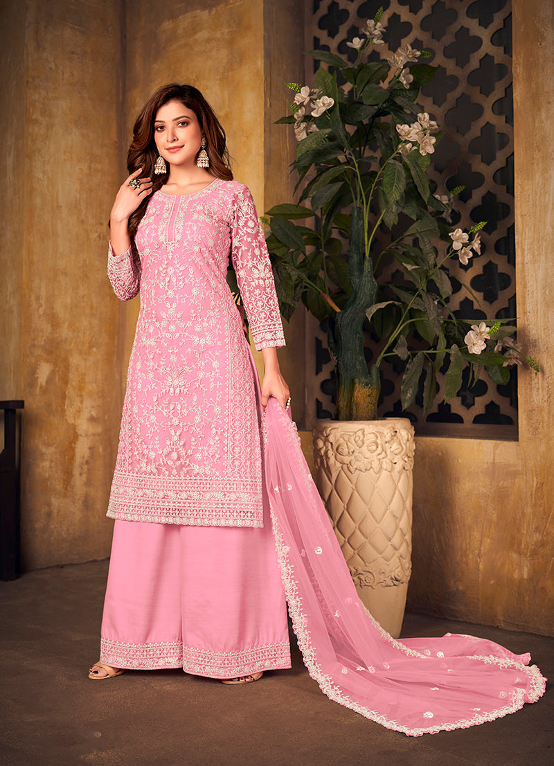 Monjolika Fashion Light Pink Color Net Embroidered Palazzo Suit