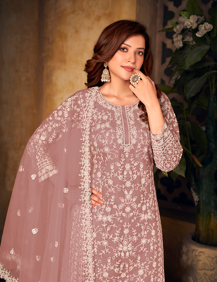Mauve Embroidered Net Palazzo Suit for Modern Ethnic Style