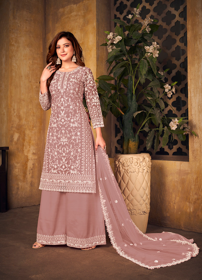 Mauve Embroidered Net Palazzo Suit for Modern Ethnic Style