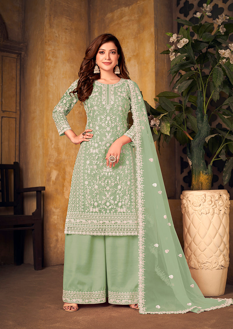 Sea green net designer palazzo suit with zari embroidery
