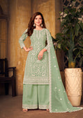 Sea green net designer palazzo suit with zari embroidery