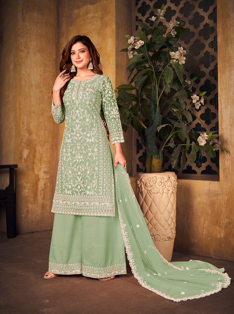 Sea Green Net Embroidered Palazzo Suit Designer Ethnic Wear