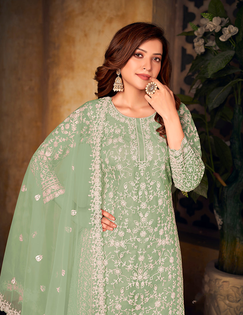 Sea Green Net Embroidered Palazzo Suit Designer Ethnic Wear