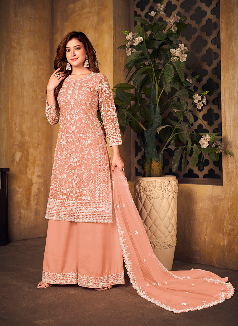 Peach Net Embroidered Palazzo Suit for Party and Festive Wear