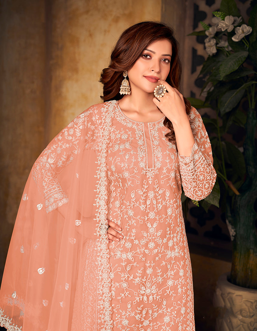 Peach Net Embroidered Palazzo Suit for Party and Festive Wear