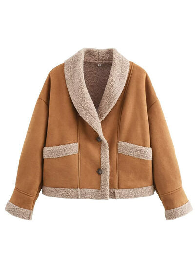 Women’s Fuzzy Collared Long Sleeve Jacket with Button Closure