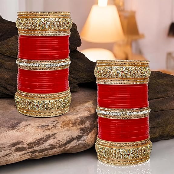Gold-plated red Punjabi Chura set for weddings