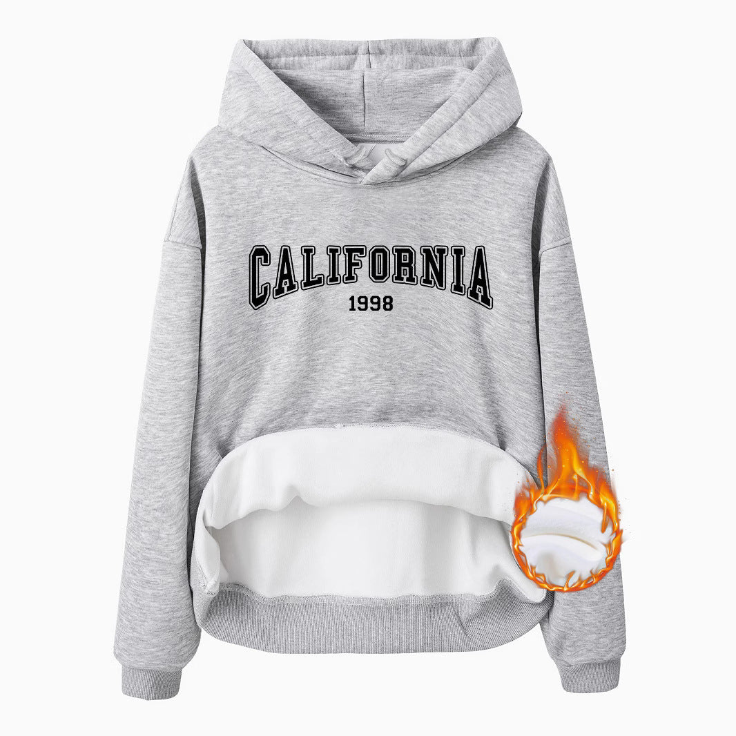 Women's fleece-lined hoodie with 'CALIFORNIA 1998' print, shown in both grey and black, highlighting the soft interior.