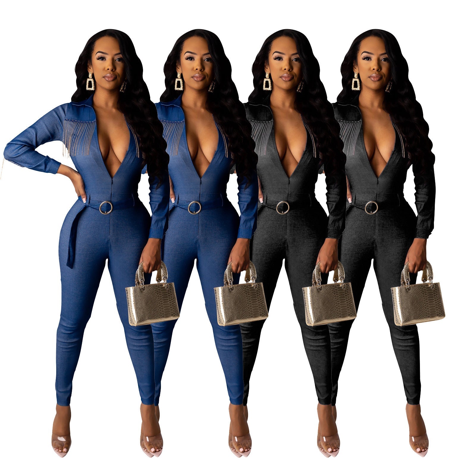 Fashionable Denim Fringed Jumpsuit with Belt