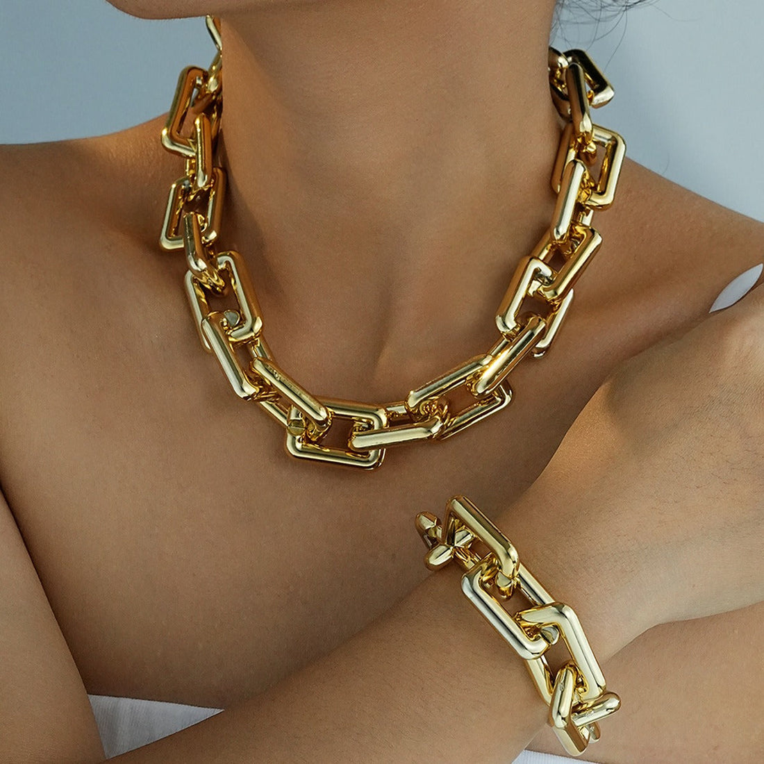 Geometric Chunky Chain Necklace and Bracelet Set Gold Silver