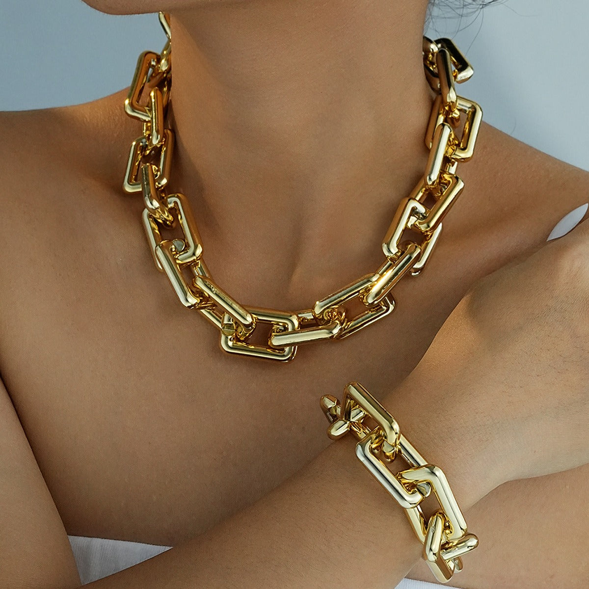 Geometric Chunky Chain Necklace and Bracelet Set Gold Silver