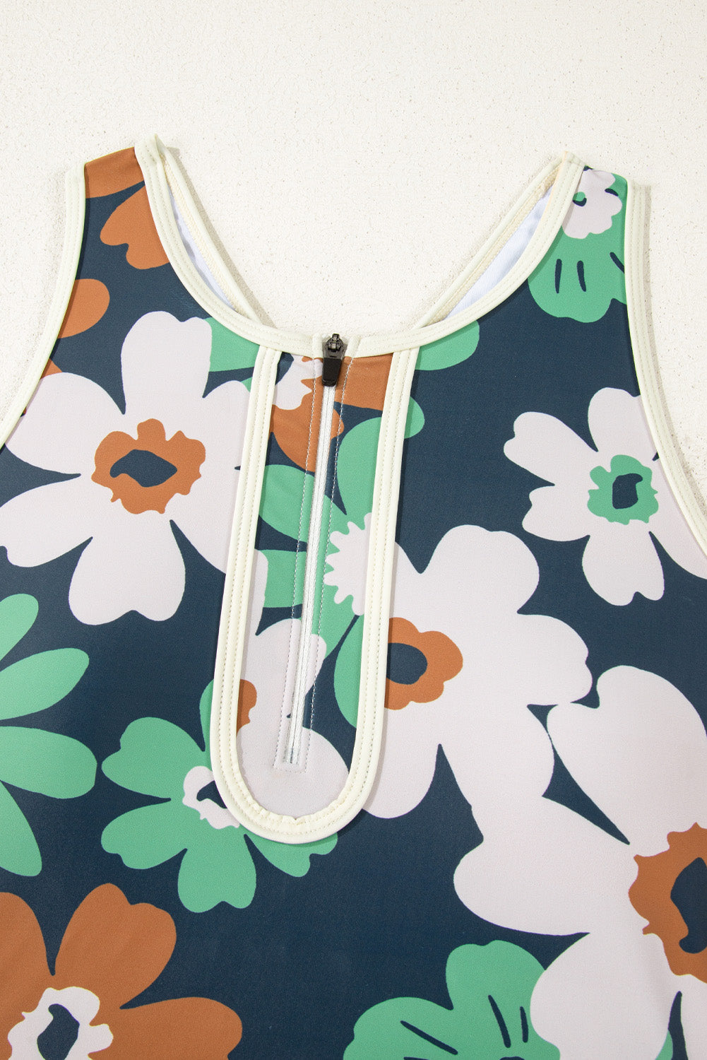 Blue Floral Zip Collar High Waist Bikini Top