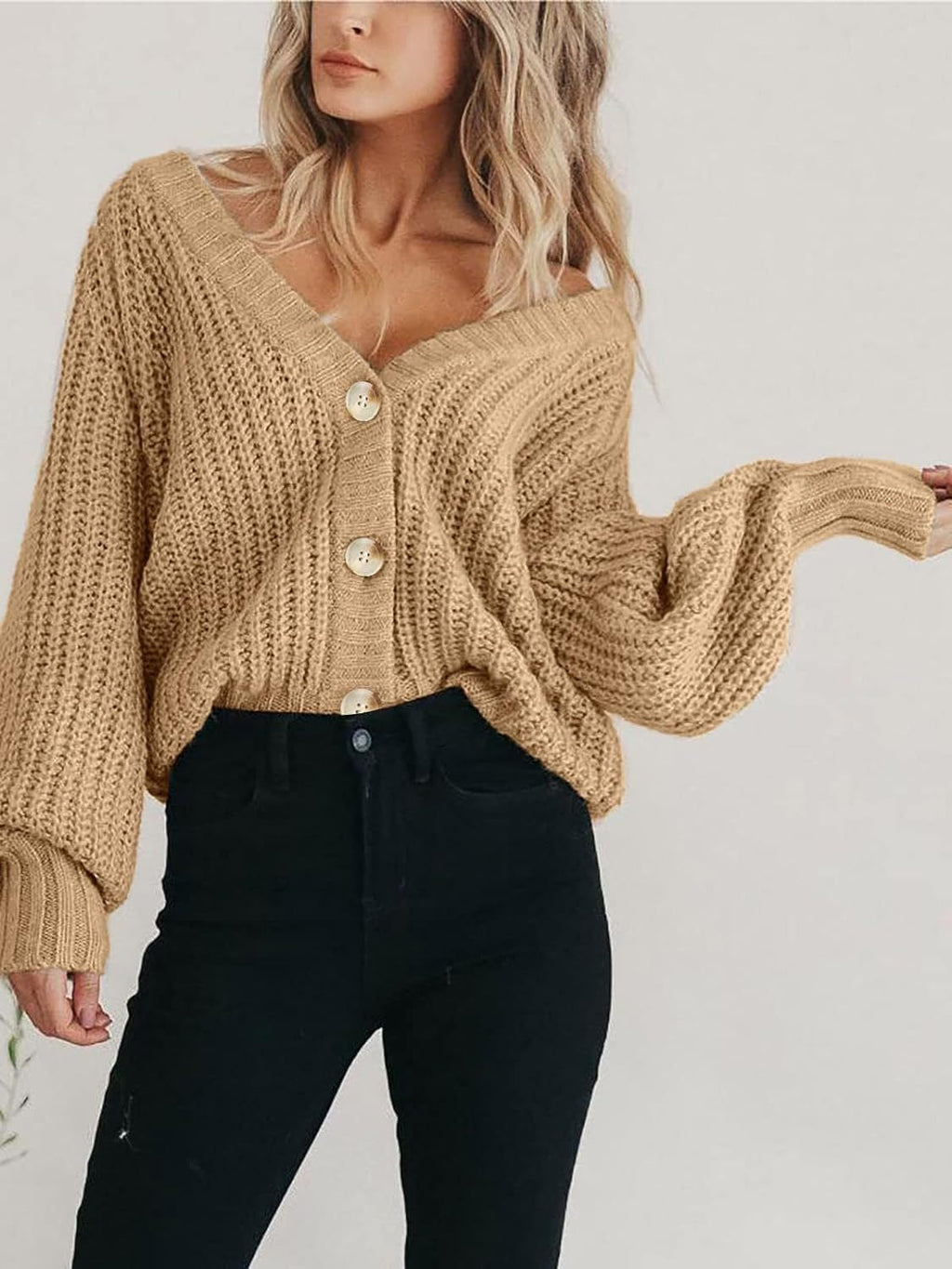 Button Up Ribbed Knit Long Sleeve Cardigan in Charcoal Grey - Image 3