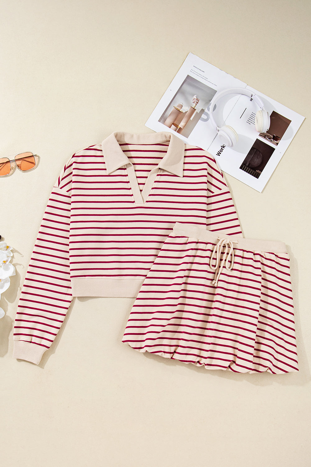 Women's Stripe Cropped Pullover and Bubble Mini Skirt Set