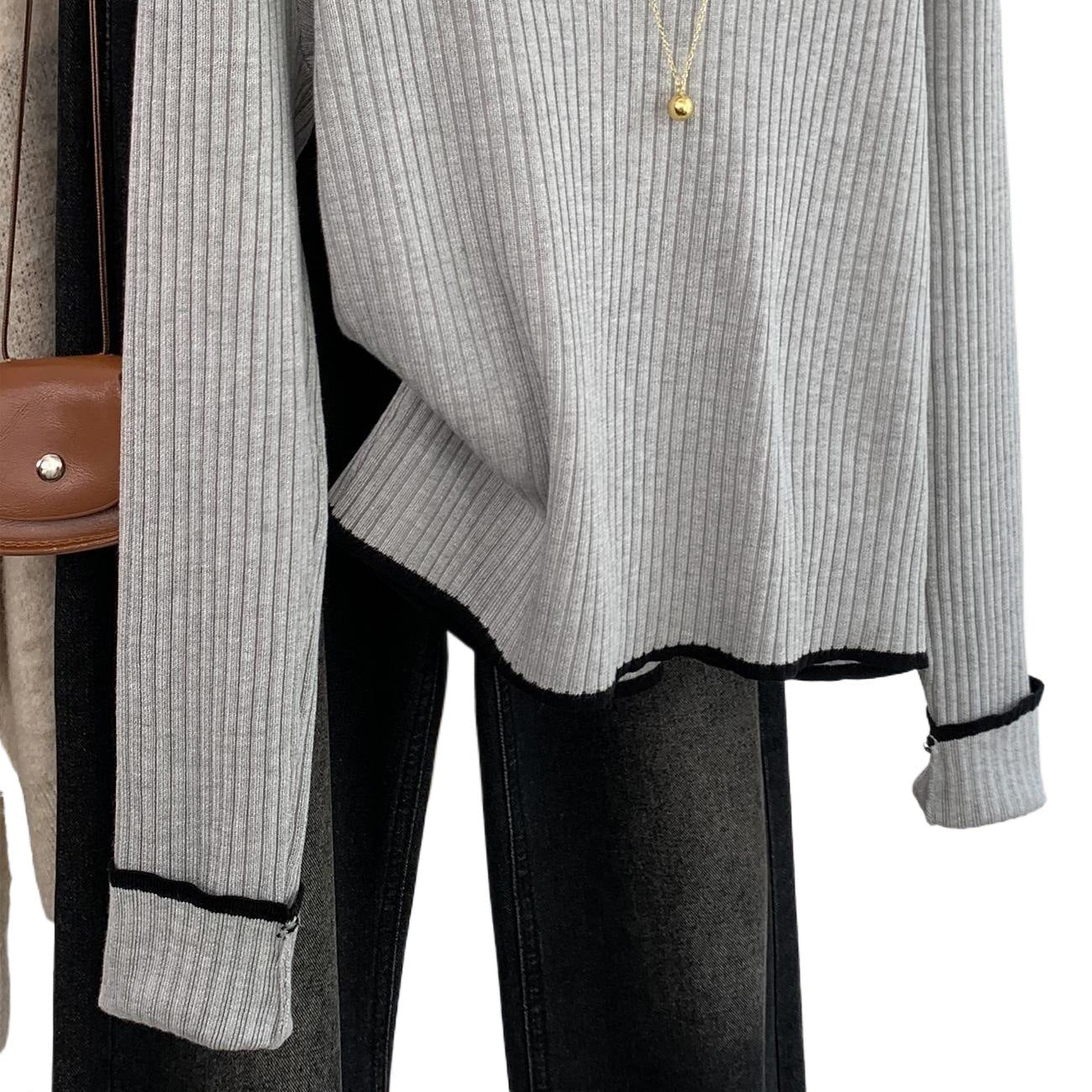 Women's Grey Ribbed Knit Polo Shirt Long Sleeve Slimming Top - Image 3