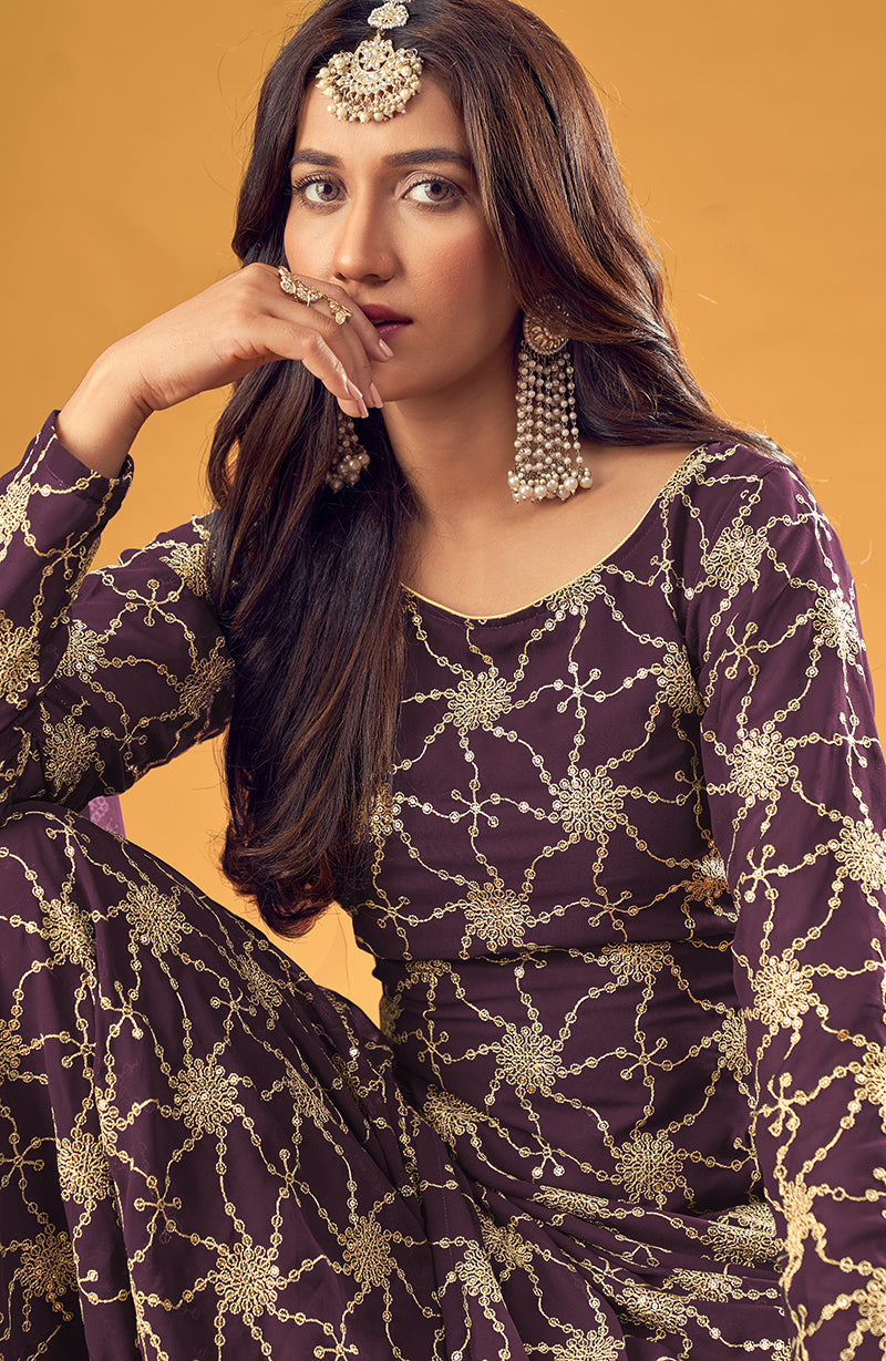Purple Embroidered Palazzo Salwar Suit in Faux Georgette