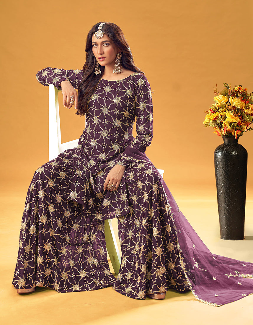 Purple Embroidered Palazzo Salwar Suit in Faux Georgette