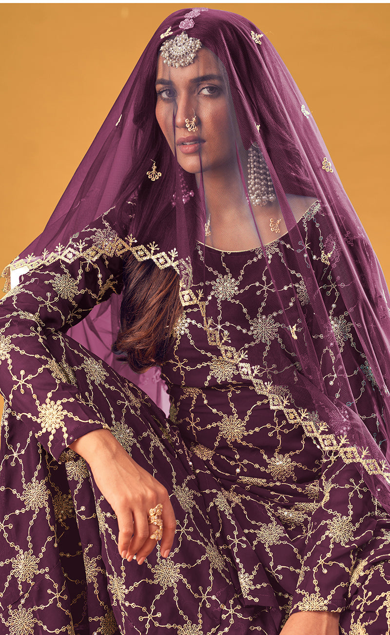Purple Embroidered Palazzo Salwar Suit in Faux Georgette