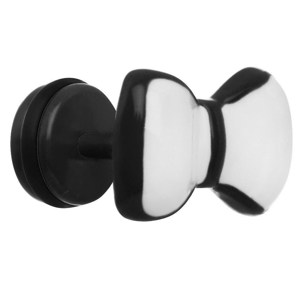 Black and white enamel bow tie shaped cheater plug for 16 gauge ear piercing