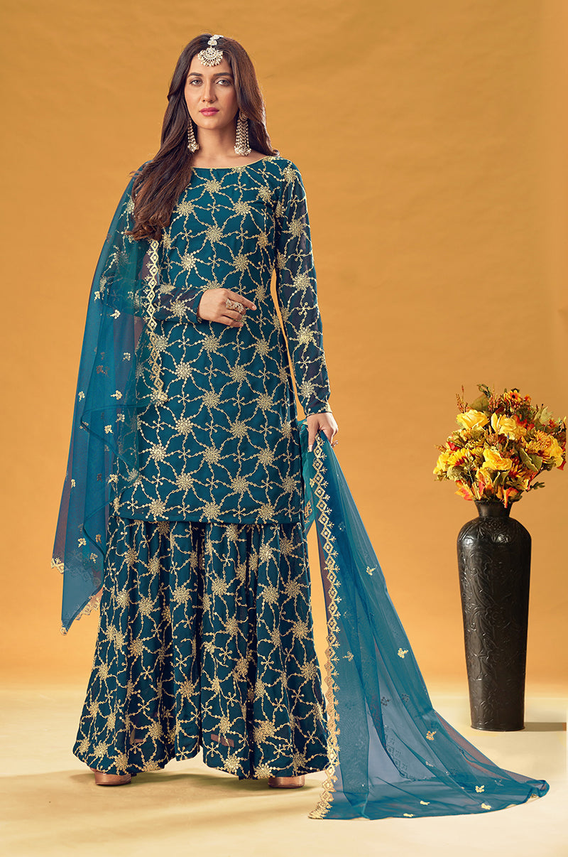 Teal faux georgette palazzo suit with detailed embroidery
