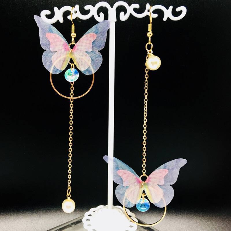 Vibrant Purple Asymmetric Butterfly Earrings Long Retro Style
