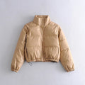 Stylish Women's Tan Faux Leather Puffer Jacket with Stand Collar - Image 8
