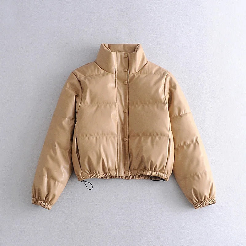 Stylish Women's Tan Faux Leather Puffer Jacket with Stand Collar - Image 8