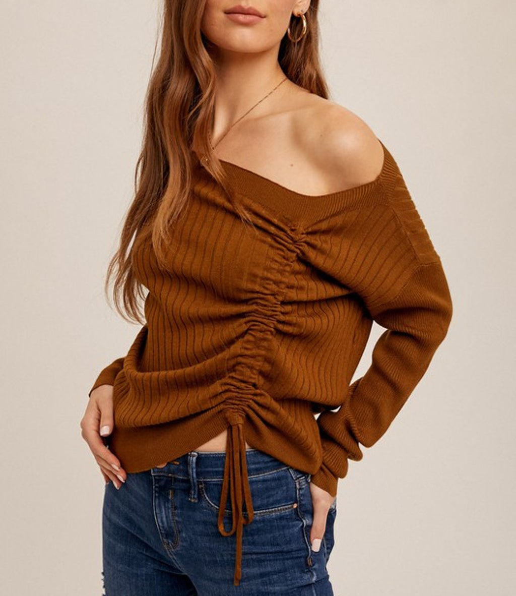 Chai colored sweater with asymmetrical hem and side drawstring ruching
