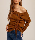 Chai colored sweater with asymmetrical hem and side drawstring ruching
