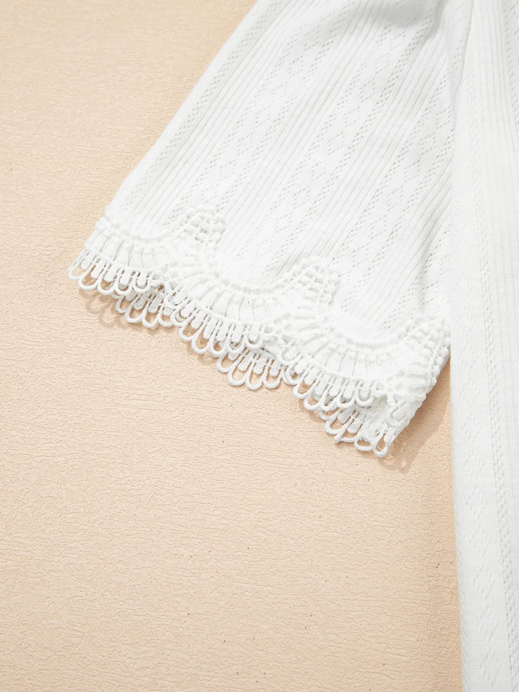 White Scalloped Lace Trim Jacquard Textured Short Sleeve Top - Image 10